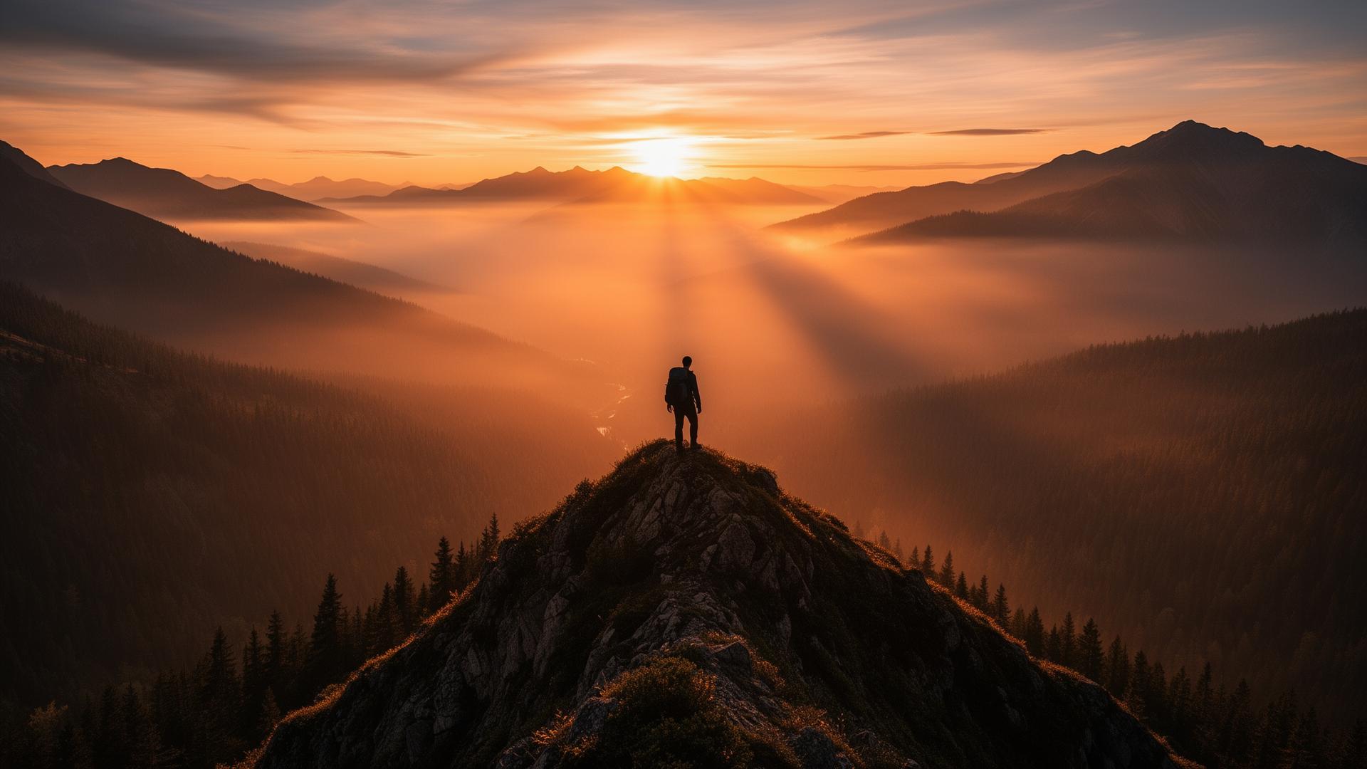 Hiker on misty mountain ridge at sunrise